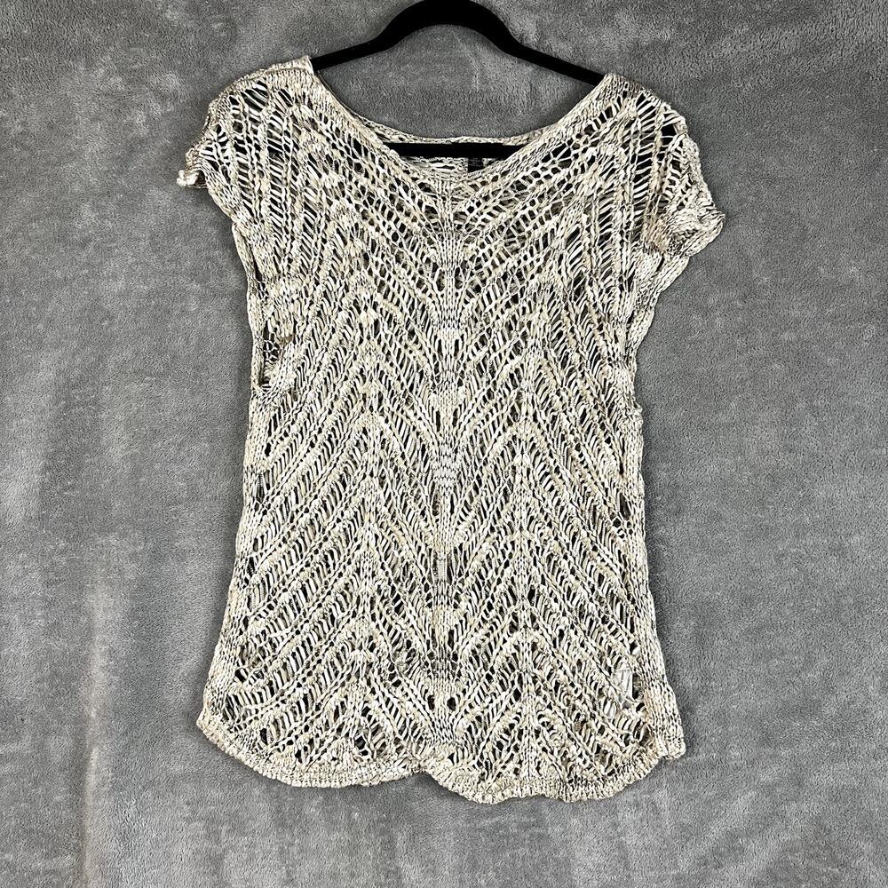 Eileen Fisher Sweater Top Womens XL Open Crochet Knit Beige Minimalist